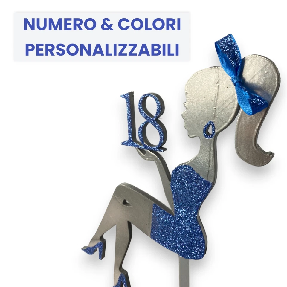 CAKE TOPPER PERSONALIZZATO RAGAZZA ARGENTO GLITTER BLU SEDUTA NUMERO 24CM PLA - Immagine 4 di 4