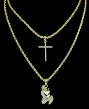 2pc Choker Set Thin Cross + Praying Hands Cz Pendants 14k Gold Plated Hip Hop 