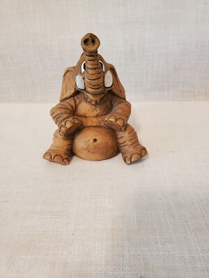 Vintage Wood Resin Elephant Figurine Hand Made and Signed Alpha Rez 1983 7.5 oz