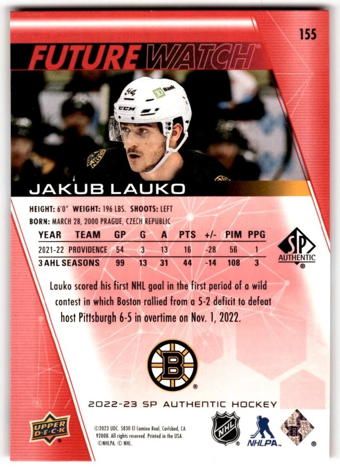 Jakub Lauko 2022-23 SP Authentic Limited Red Future Watch Rookie #155 Boston - Image 2 of 2
