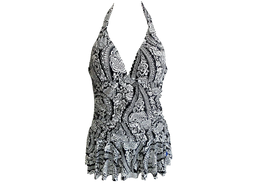 ladies swim dress with zipper style 2632 L Denim swimwear with White top stitching and White shoulder panels fashionable and comfortable VENUS Venice Skirted Swim Dress