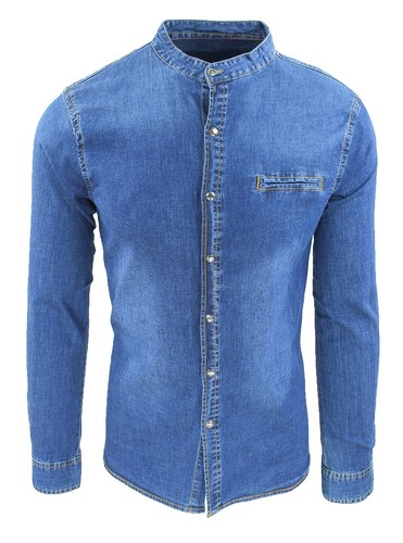 Camicia di Jeans uomo casual blu slim fit denim con colletto alla coreana |  eBay