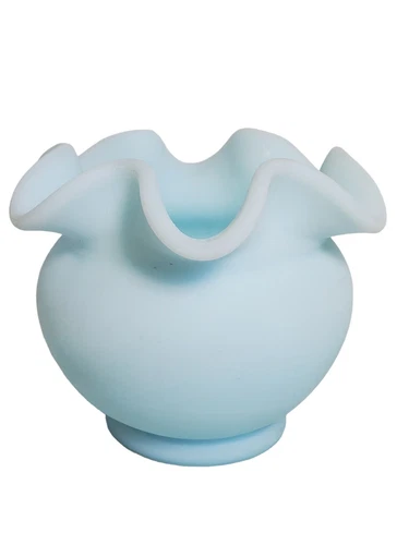 Fenton Frosted Blue Satin Ruffled Flower Rose Bowl Vase - Rare Piece