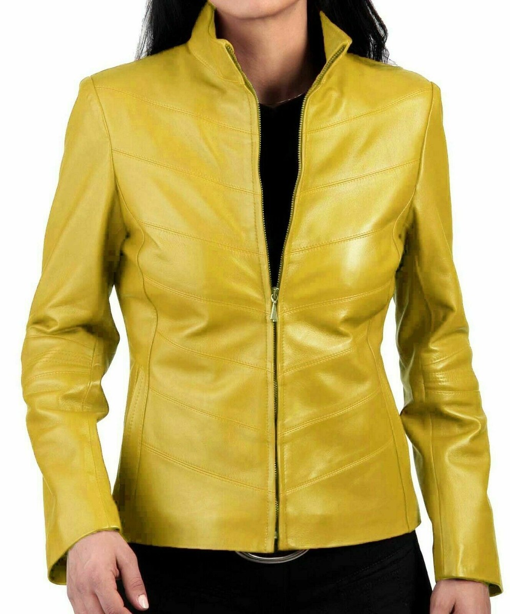 Luxury Women's Genuine Lambskin Biker Leather Jacket Stand Collar Yellow  Coat