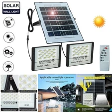 Solar Power LED Double Floodlight Garage Shed Sensor Light Garden Outdoor+Remote