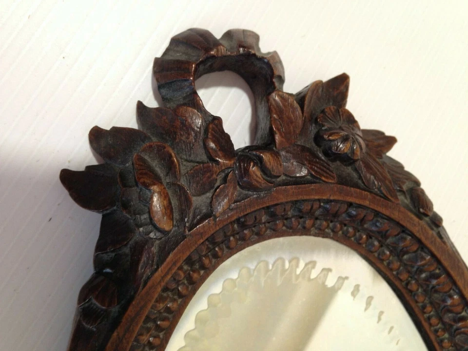 Ancien superbe miroir face à main bois sculpté verre biseauté art déco - Photo 4/4