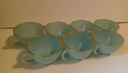 Lot Of 7 Vintage Fire King Ware Blue Cup W/ Gold Rim Coffee Tea Cup Made in USA