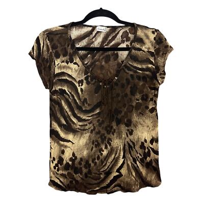 Vintage Y2K Charlotte Russe Animal Print Blouse Short Sleeve Brown Medium M