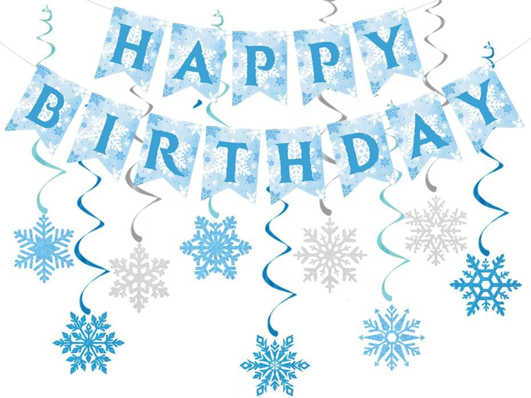 Winter Snowflake Hanging Swirl Happy Birthday Party Decorations Banner, Blue Whi