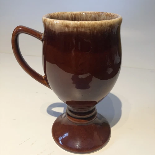 HULL USA Coffee Mug Cup Pedestal Goblet Pottery Brown Drip Glaze Irish