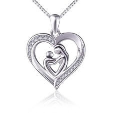 Mother Holding Daughter or Son Sterling Silver Mothers Love Heart CZ Pendant ...