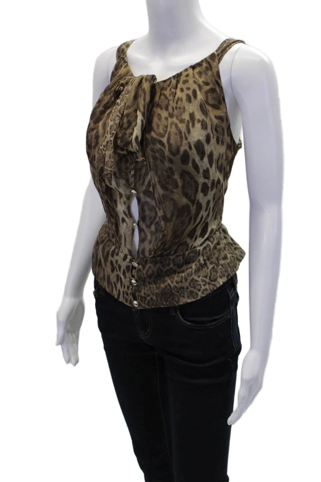 Tuleh женщин шелк леопард печать галстук назад без рукавов блузка верхний коричневый размер 10 - Изображение 2 из 4
