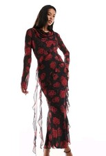 ASOS Chiffon Mesh Maxi Dress Long, Size XS, Red Floral Print, Cowl Neck