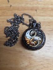 Retro Style Dragon Quartz Pocket Watch Necklac Cool Black. 1.25" NWOB. Bn22