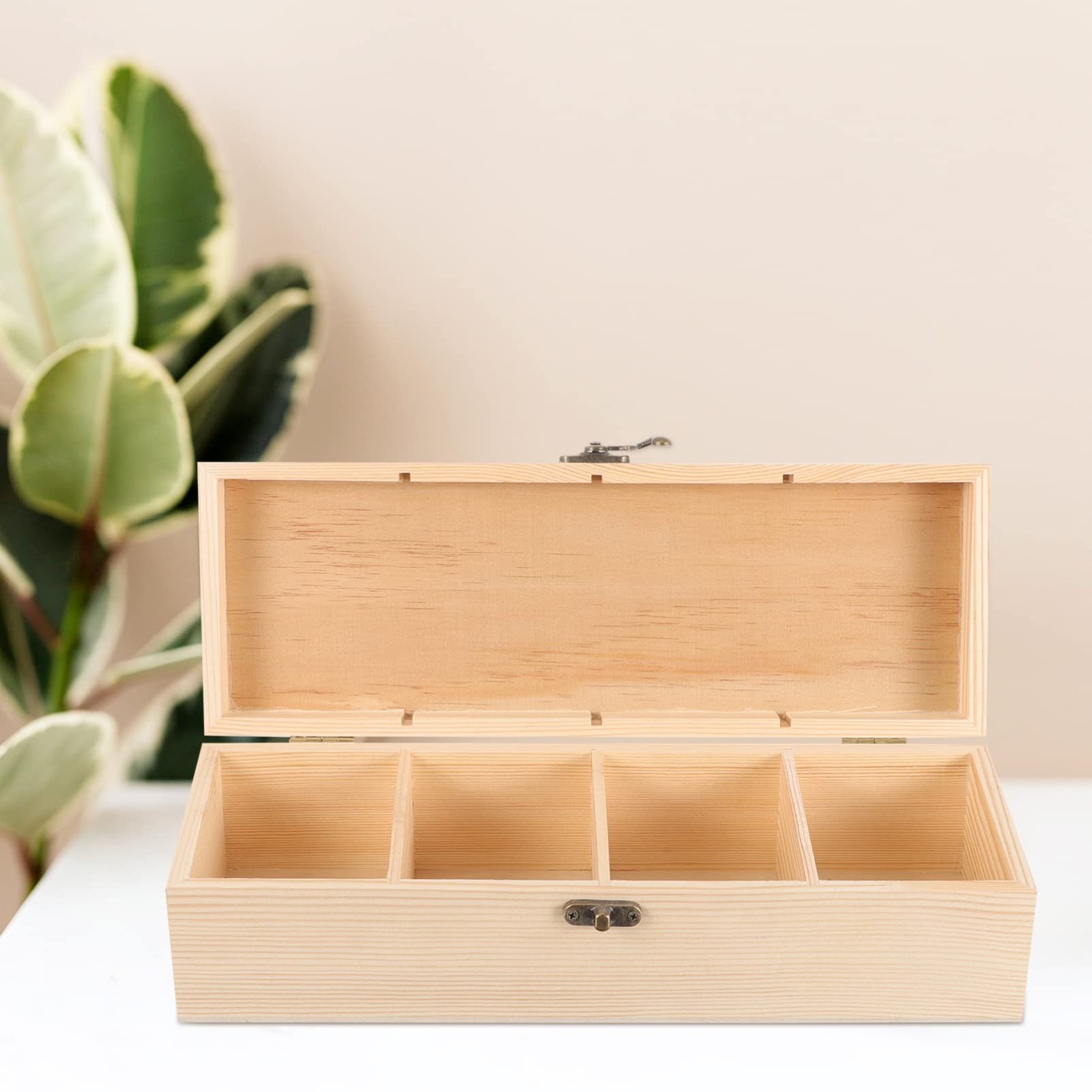 iplusmile Solid Wood Tea Storage Box with Lid 4-Compartment Wooden Organizer ...