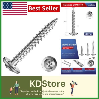 500 Pcs Stainless Steel Wood Screws 1-1/4'' Truss Head Self Tapping Coarse Thread
