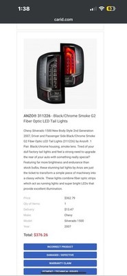 Anzo 311226 Black Chrome Smoke G2 LED Tail Lights for 07-14 Chevrolet Silverado