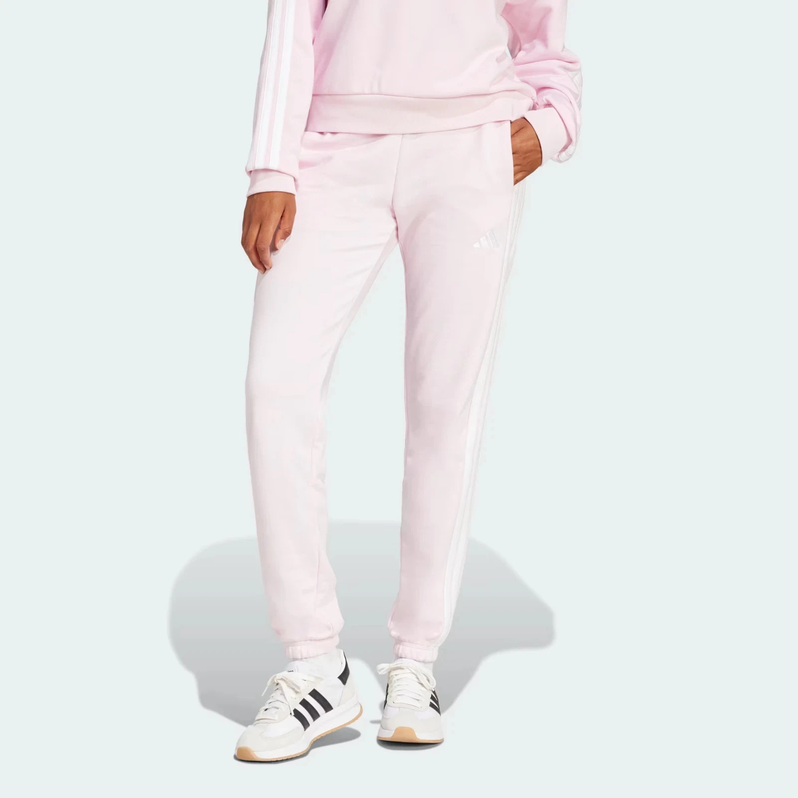 adidas Women's Essentials 3-Stripes French Terry Cuffed Joggers Pink / White