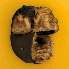 Black Trapper Hat Ushanka Eskimo Russian Winter Hat Ear Flaps Unisex Snap Button