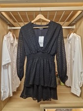 Zara Womens S Black Dobby Chiffon Mini Dress Tiered Skirt Long Sleeve BNWT Party