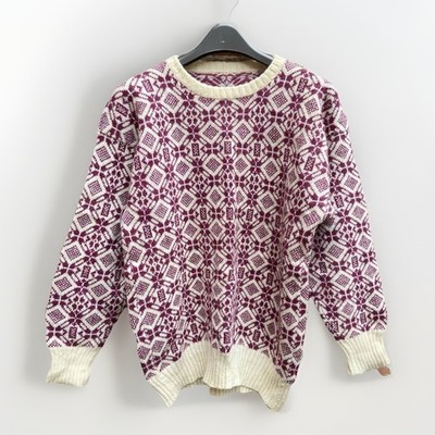 Vintage 80er Handstrick Pullover große rote Rauten Jacquard Strick isländischer Stil