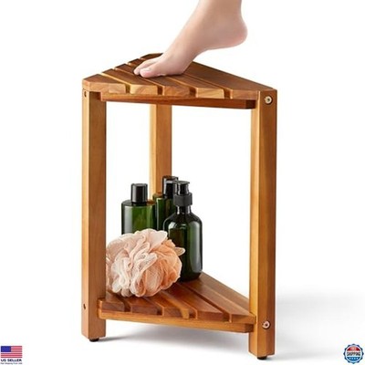 BLUEWEST Wooden Corner Shower Stool - Waterproof Bench with Storage & Foot Rest