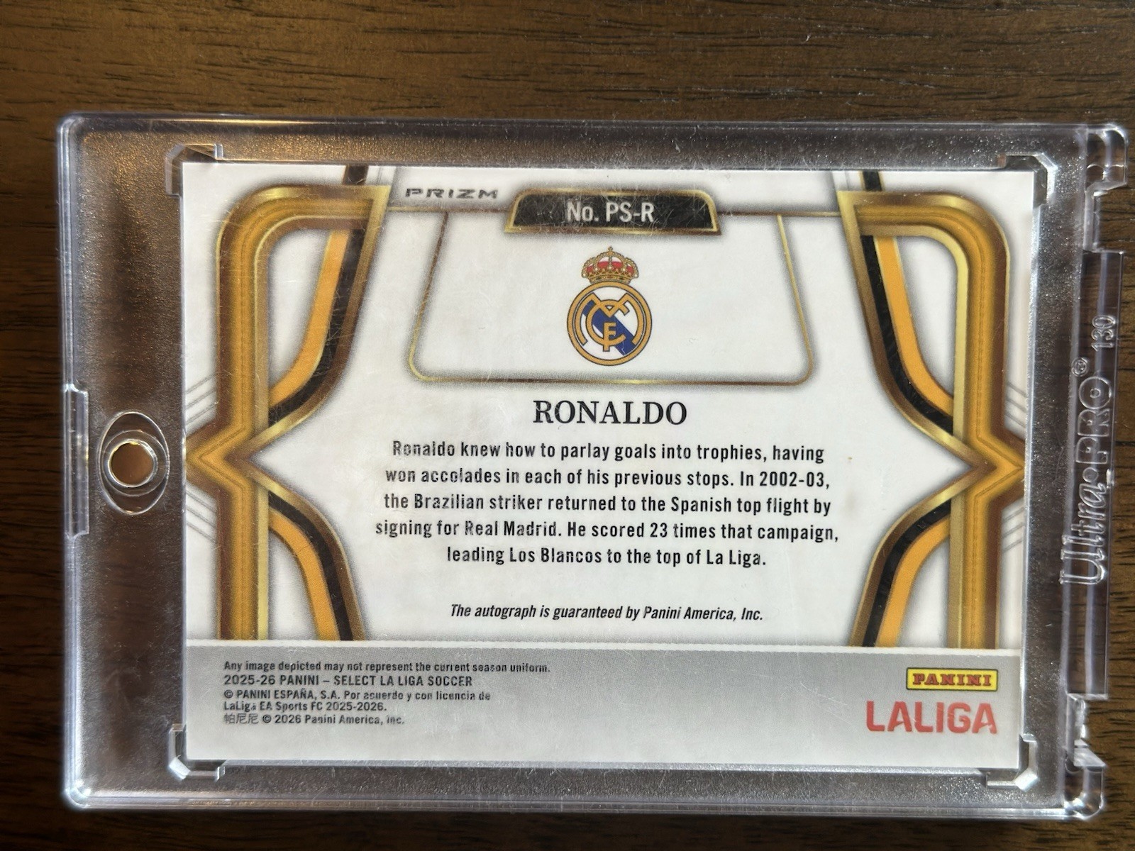 2025-26 Select La Liga Ronaldo Nazario Pitchside Signatures Auto Blue Pulsar view 3