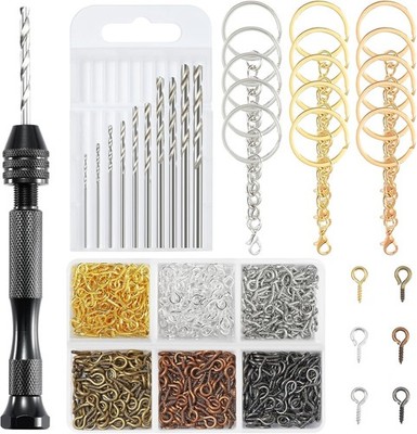 Hand Drill Set 10 Drill Bits 600 Eye Screws 15 Keychain Rings for DIY Projects