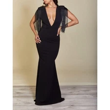 Symphony Black Fringe Gown SMALL Bodycon Maxi Dress Plunging Formal Mermaid NEW