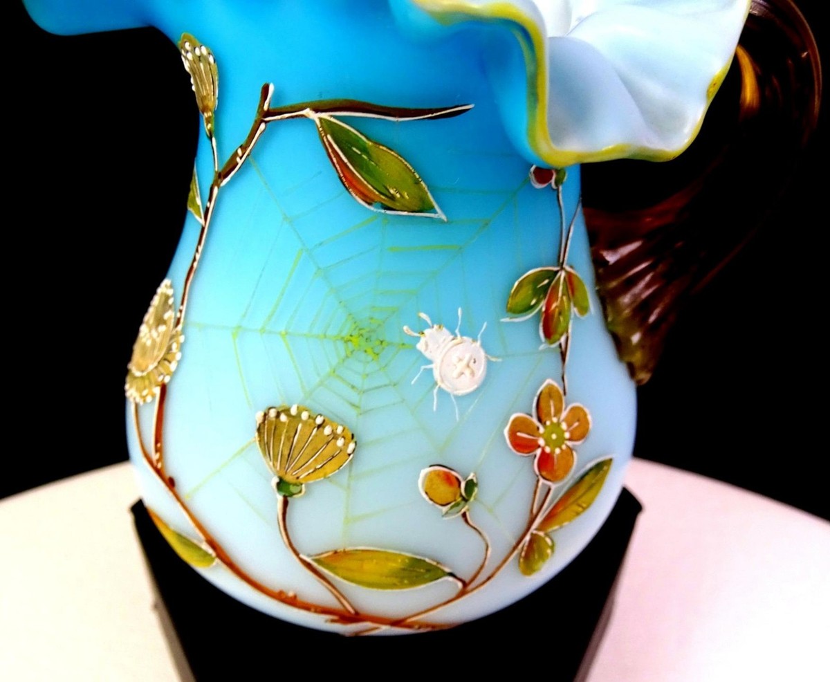 Harrach Art Glass Antique Blue Satin Enamel Spider Web 4 1/2