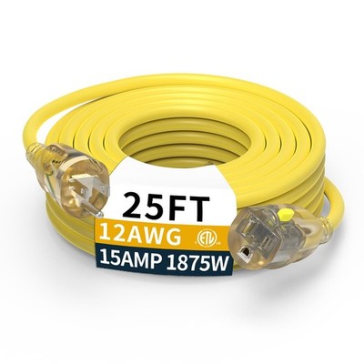 25FT 12/3 Gauge Heavy Duty Outdoor Extension Cord Waterproof, Weatherproof -5...
