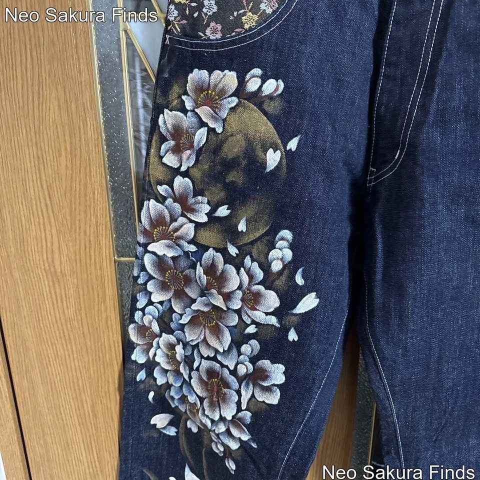 Pantalones de mezclilla Zen Night patrón japonés flor de cerezo 32 pulgadas Foto 2 de 4