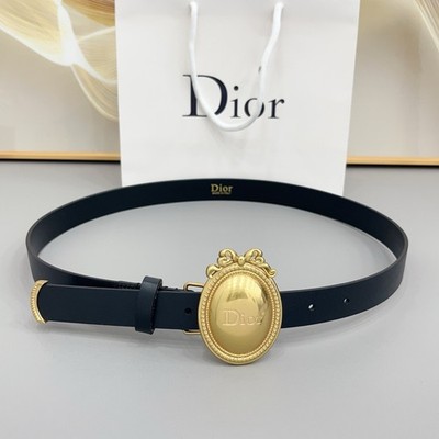 Dior Women's Black Leather Belt Gold Oval Logo Buckle Adjustable With Box.