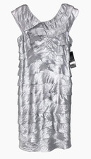 Adrianna Papell Tiered Cocktail Dress Womens 6 Silver Gray Asymmetric Neckline
