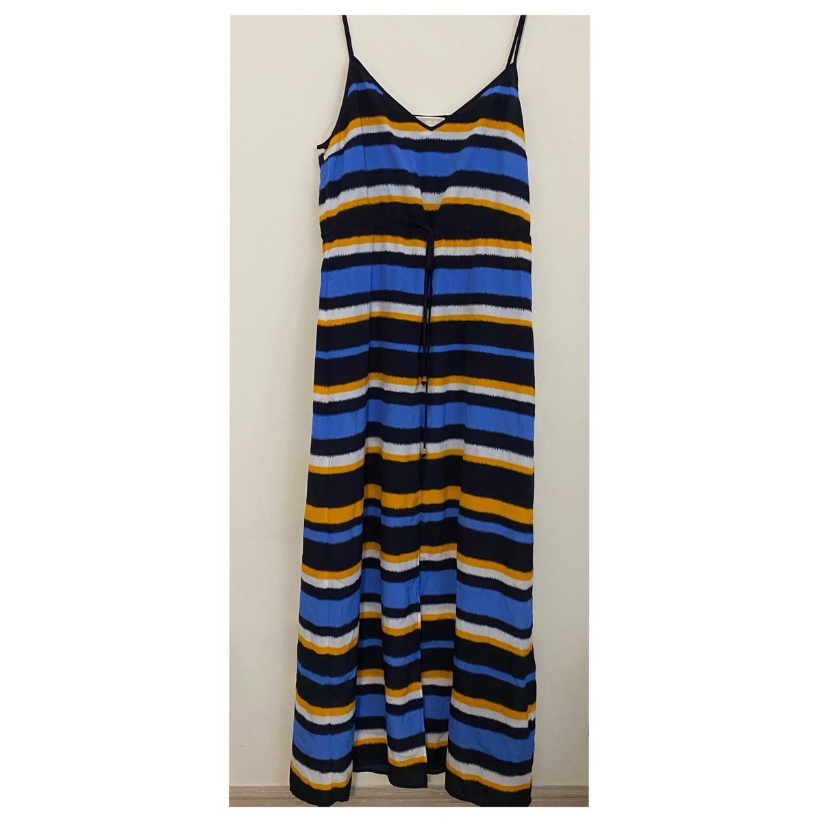 Michael Kors Striped Maxi Dress Womens Large Front Slit Waist Tie
