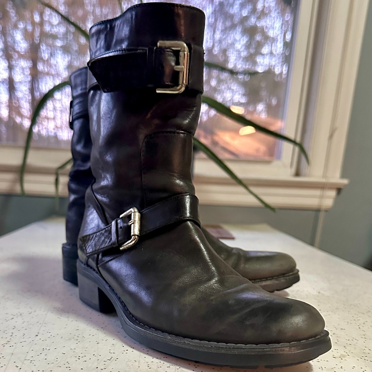 Aquatalia Italian Leather Block Heel Moto Boots - Black, Sz 