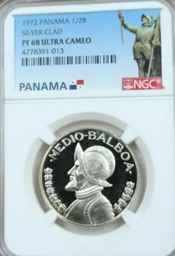 1972 PANAMA SILVER 1/2 BALBOA VASCO NUNEZ NGC PF 68 ULTRA CAMEO SCARCE BEAUTY