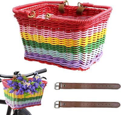 Bike Basket,Kids Bike Basket Front,Wicker Basket for Bike,Small Bicycle Rainbow