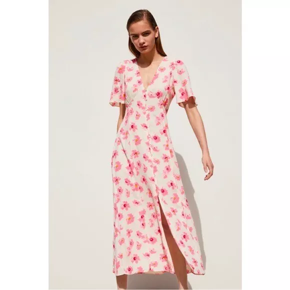 Zara pink floral midi clearance dress