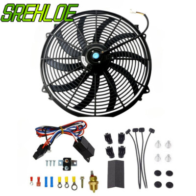 16'' Electric Slim Push Fan Radiator Fan Thermostat Wiring Switch Relay Kit Black