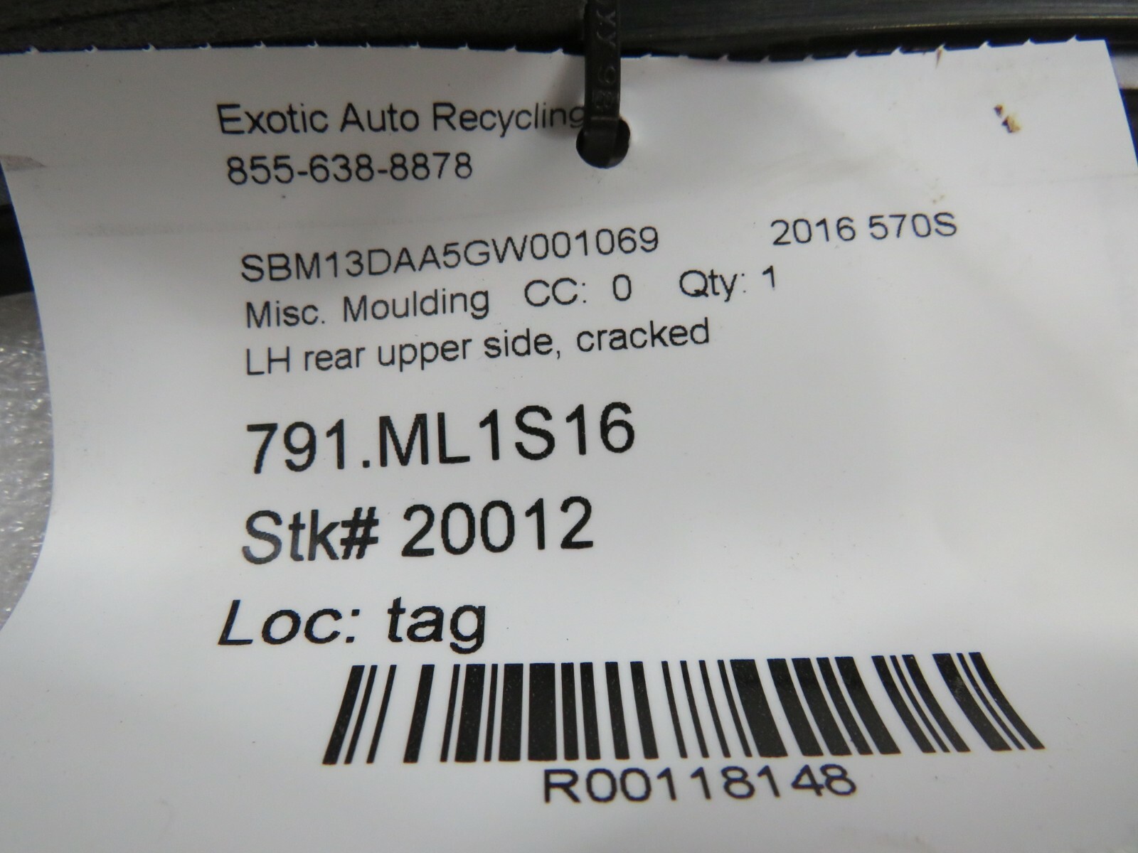 McLaren 570S, LH, Left Rear Upper Side Panel, Used 