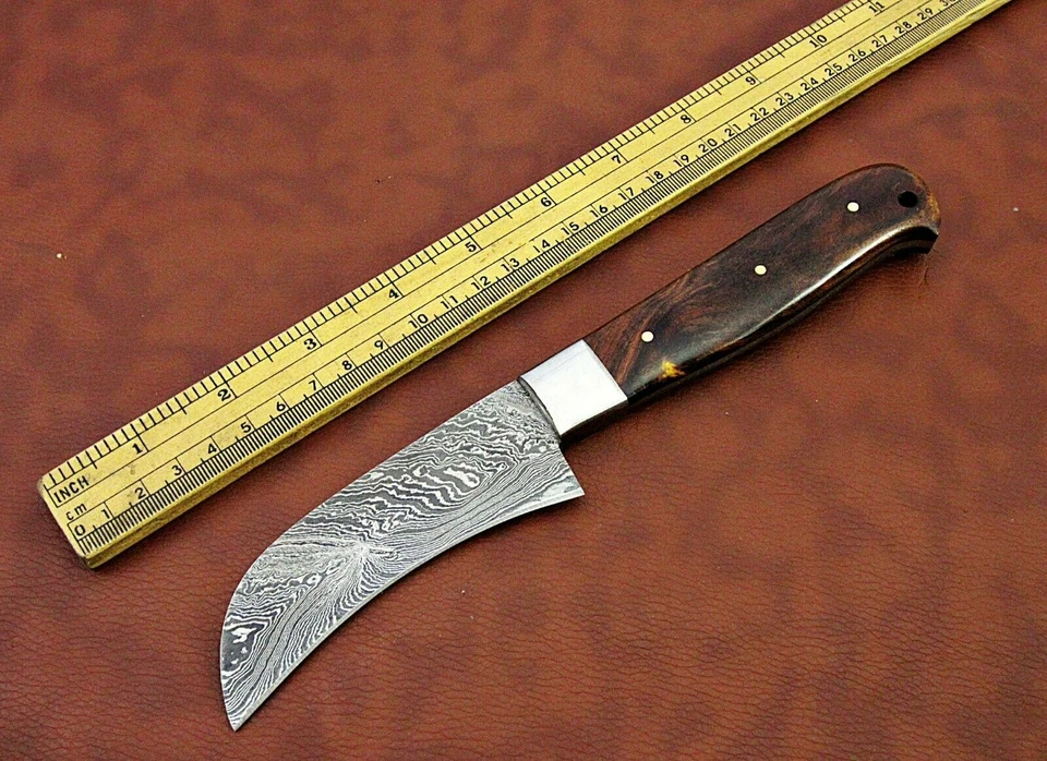 Cuchillo pelador hoja acero Damasco 9,5" largo, escala madera marrón y beige, Foto 3 de 4