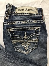 Rock Revival Jillian Capri Jeans Size 27 Flap Pocket Bling Heavy Stitch Distress