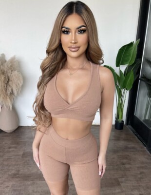 OOTDFASH Women s Fashion Boutique Nude 2 Piece Snatched Ribbed Biker Set