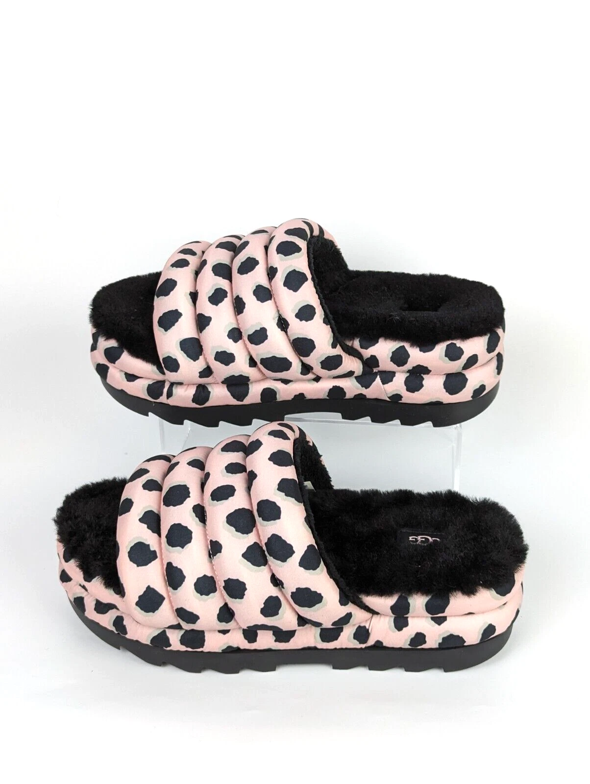 Sandali nuovi con etichette UGG Cheetah rosa logo maxi slide imbottiti pelle di pecora plateau US 9