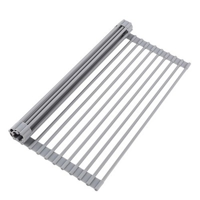 Roll Up Dish Drying Rack Silicone Coated Stainless Steel Over The Sink Foldable