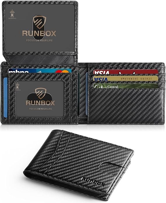 RUNBOX Slim RFID Leather Mens Bifold Wallet 2 ID Window NEW