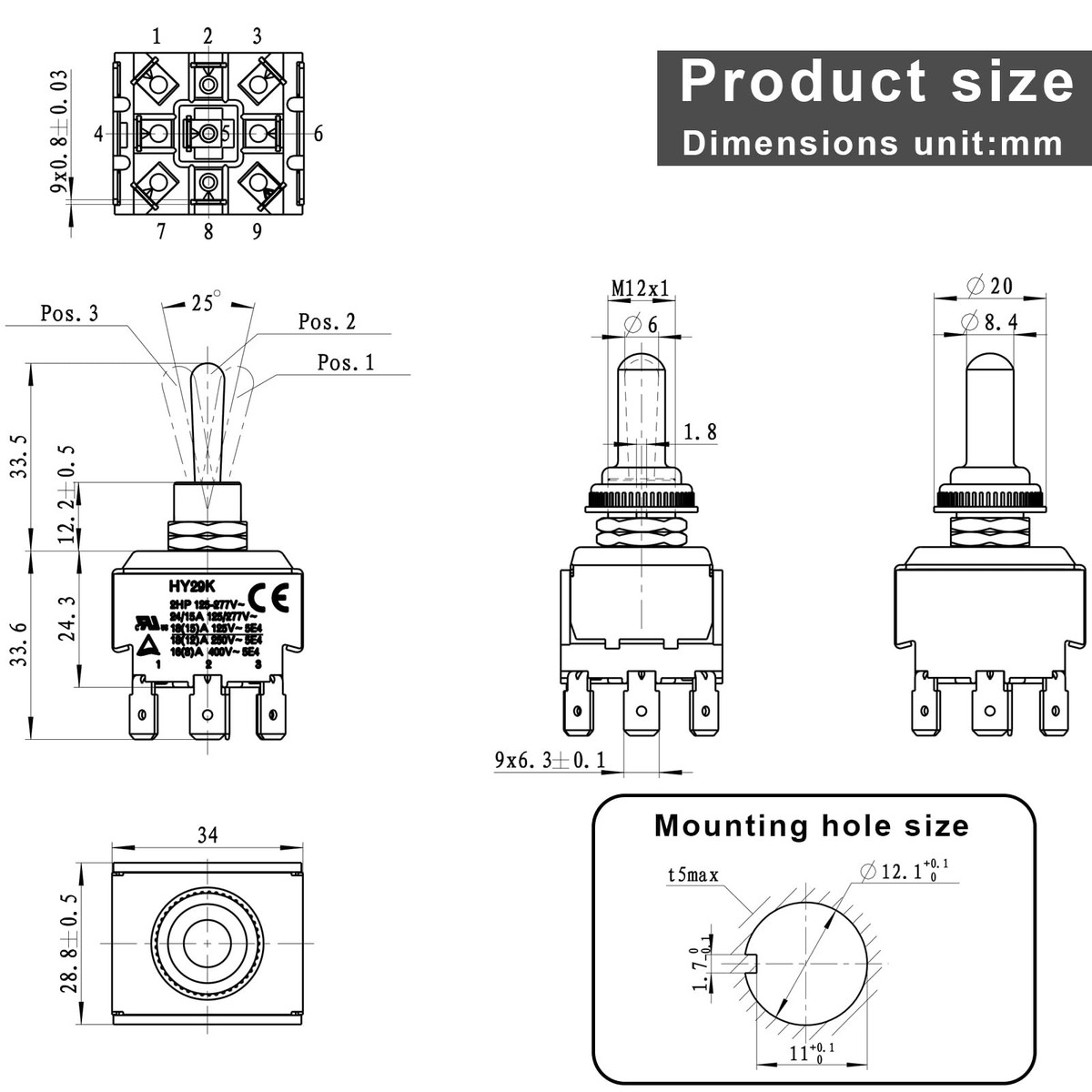 HY29K Toggle Switch 125-277V 24/15A 9-Pin ON-Off-ON Switch (1-Pack