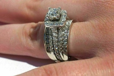 Wedding Bridal Ring Set Lab-Created Princess Cut Diamond 14k White Gold Plated