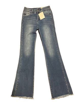 New KANCAN High Rise flare Jeans Distressed Chewed raw stretch Hem Women's 27 7